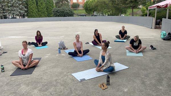 Yoga for Skaters, free program offered by Skate Downtown Cincy with partners Cincy Parks Foundation, Cincy Parks, & Soaring Soul Wellness.