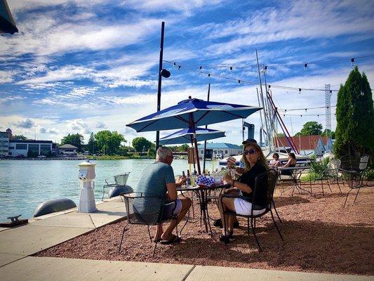 Outdoor seating along the water