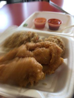 Fried battered chicken with fried rice, I dunno?!