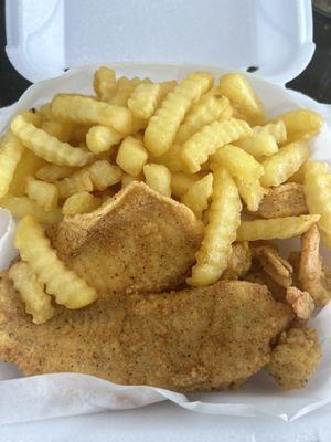 Fried tilapia, shrimp, and fries