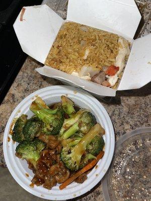 House fried rice and beef and broccoli (small)