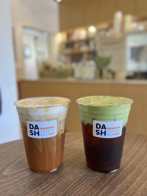 Dirty Thai Tea Latte Iced, Pandan Sweet Cream Cold Brew