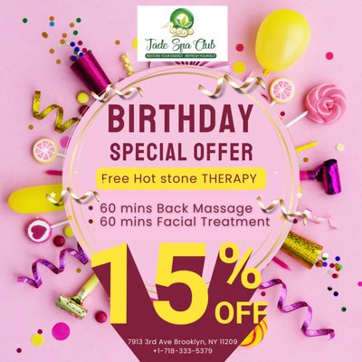 Birthday Special Offer!

Come visit us at Jade Spa Club.