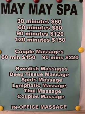 MAYMAY SPA 

           Massage 

Welcome everyone to come to massage. We massage with our heart to help customers relax the rhythm