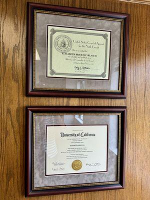 UCSB college diploma (06/1998) & US Court of Appeals 9th Circuit (Certificate of Admission 02/22/05)