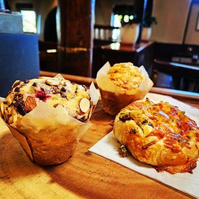 Fresh baked muffins and green chili cheese croissants