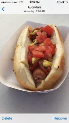 All beef frank/ done up 100% New York style with amazing red onion sauce, also, they make an amazing Chicago dog.,