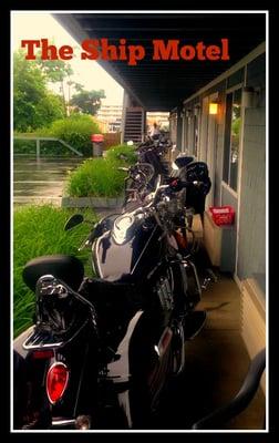 All seven Harley's under the awning at The Ship Motel - 2014