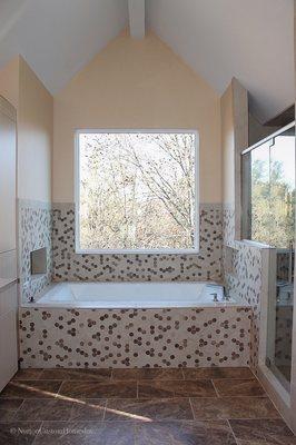 Master bath remodel, new window, bath, walk in shower, ceramic tile, mosaic tile, vanity, sink