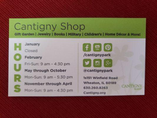 Hours throughout the year and contact info for gift shop