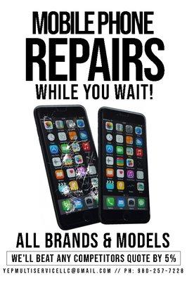 Iphone back glass replacement for iPhone 8 through XS Max for $45 through and iPhone 11 through 11 Pro Max for $50 through yelp only.