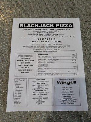 Blackjack pizza menu 03/04/2021