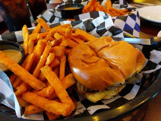 Peppercorn burger and sweet potato fries