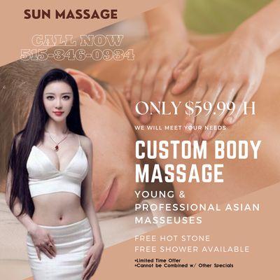 Sun Massage
 1130 E 9th St Ste C, Des Moines, IA 50316
 Call Us at 515-346-0934