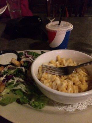 My Mac n Cheese and green salad with ranch dressing