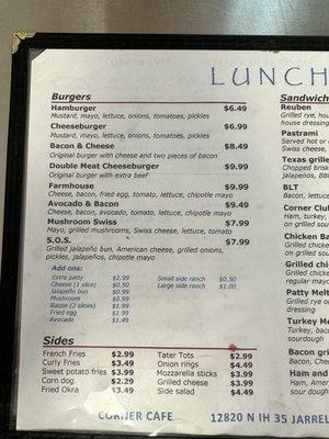 Burger section of menu