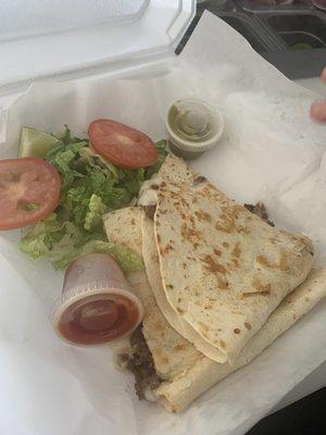 Quesadillas: chicken/pollo, steak/asada, tongue/lengua, cheese/queso