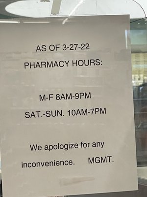 Pharmacy updated hours