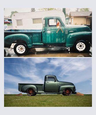 Before and after 1954 Chevy Pickup- designed and restored by PCC 2022