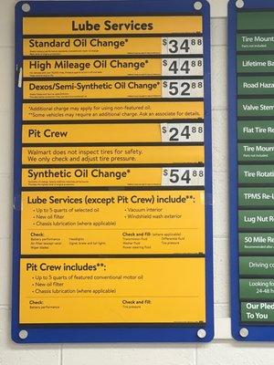 Price list for oil changes. You will have to call for an appointment