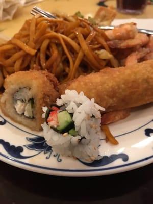 Lo mien sushi shrimp egg rolls and a side of awesomeness