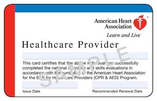 American Heart Association BLS Healthcare Provider certification card.