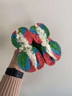 Rainbow bagel with scallion cream cheese