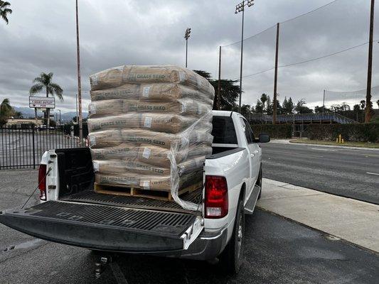 Picked up some rye grass seed for customers. Laura loaded it with the fork lift. Great service!