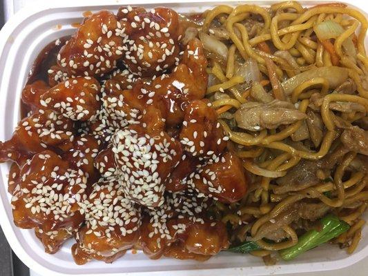 Sesame chicken with chicken lo mein