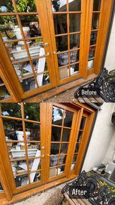 Before and After Window Cleaning on french doors.