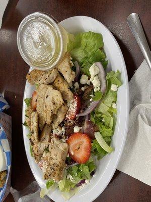 Harvest Salad. Chicken, strawberries, feta, bacon, craisins, sunflower seeds. Very fresh!