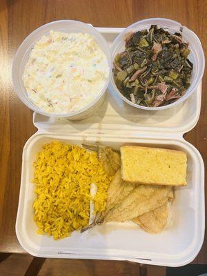 Potato Salad, Collard Greens w/ Smoked Turkey, 2pc whiting