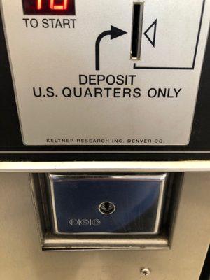 Quarters only. They do have an ATM - $3 fee - as well as a change machine.