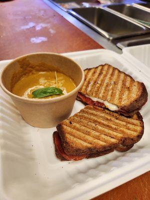 Pepperoni Panini and tomato bisque soup