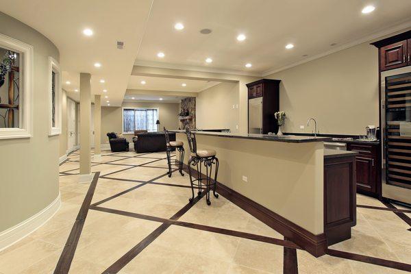 Terrazzo Tiled Finished Basement with Wet Bar and Family Room.