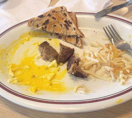 Uh oh forgot to take the picture was hungry lol! 3/30/24 Two eggs O/E, sausage patties, raisin toast, hash browns cawfee out of picture.