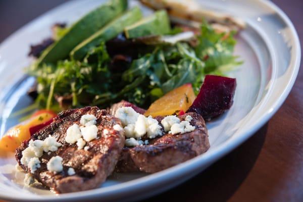 Beef Medallions with Roasted Beets Maytag bleu cheese, arugula, mixed greens, avocado, toy box cherry tomatoes, balsamic vinaigrette