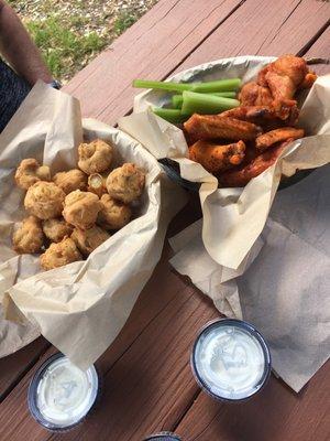 Fried mushrooms and Buffalo wings