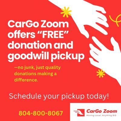 Declutter with purpose! Cargo Zoom offers free donation pickups--because every item donated makes a difference. Schedule yours today!