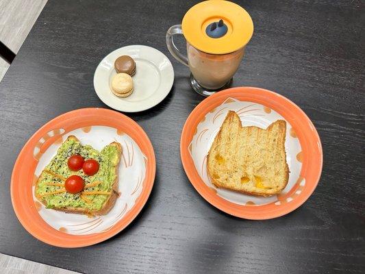 Avocado toast, grilled cheese, macarons, chai