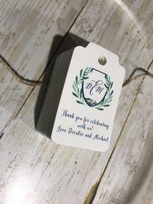 Custom wedding favor tags with couples logo