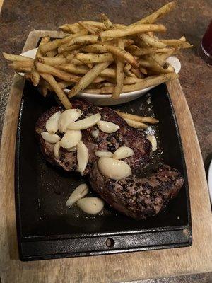 Garlic peppercorn with 2 sides of fries.