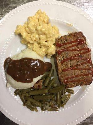 meatloaf, green beans, mashed potatoes with gravy, mac & cheese