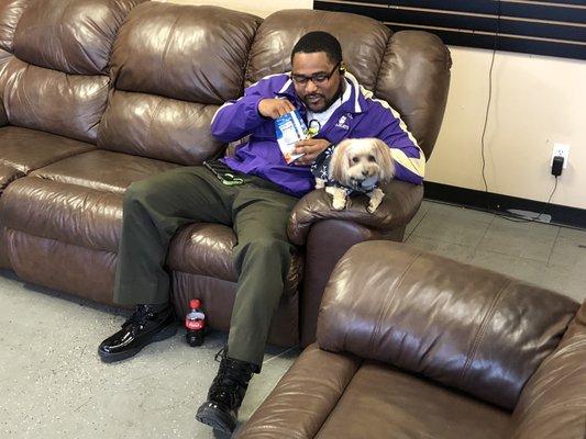 "Lucky", one of our shop dogs kept this customer company in our waiting room at Rivergate Muffler & Auto Repair.  The chips likely did it.