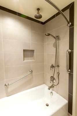 tile shower, niche, grab bars