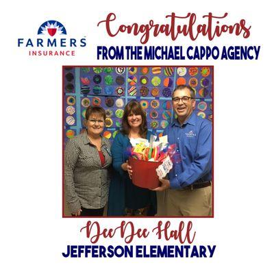 Congratulations to DeeDee Hall at Jefferson Elementary for winning $100 of Classroom Supplies!