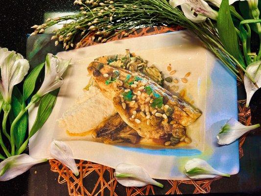 branzino, capers, pine nuts, endive from T.J. branzino in curry oil w/pine nuts, capers,rasins, citrus caramel glazed endive & cauli- puree