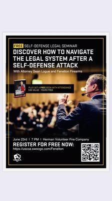 Free self-defense legal seminar.  June 23rd 7PM Herman Volunteer Fire Company