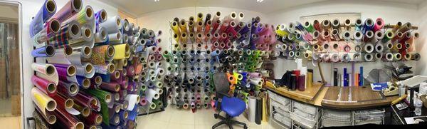 Big variety of HTV: PU, Stretchfoil, Puff, Metallic, Glitter, holographic, Chameleon, and Permanet Adhesive vinyls