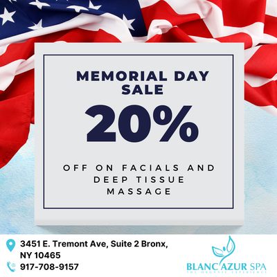 Memorial Day Sale 
.
.
.
20% off on Facials and Deep Tissue massage on May 28-30!